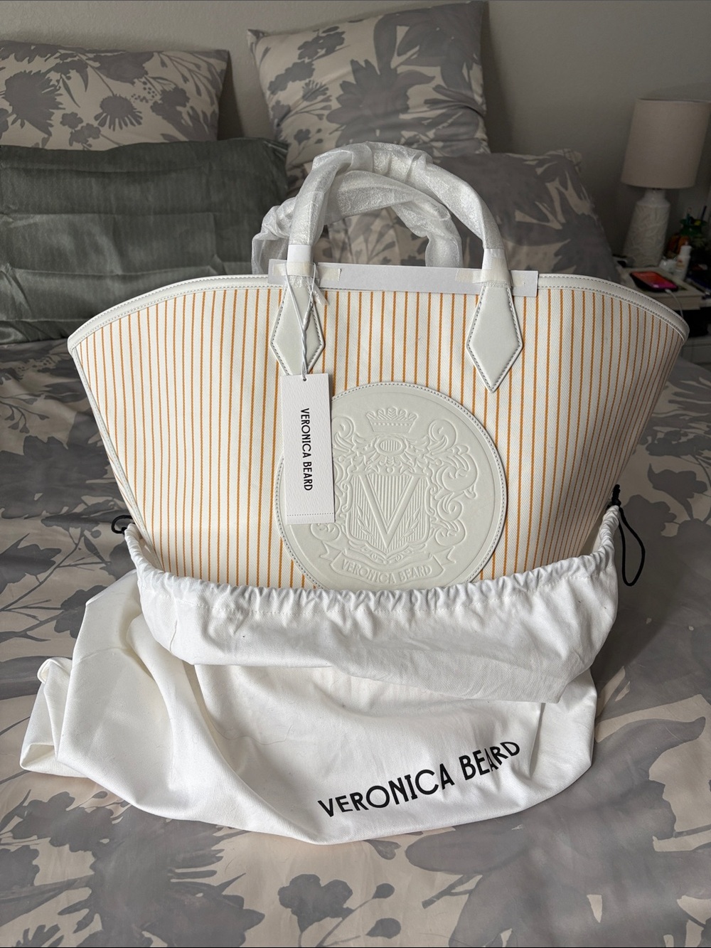 Veronica Beard Large Crest Mustard Striped Tote with Embossed Crest & Dustbag